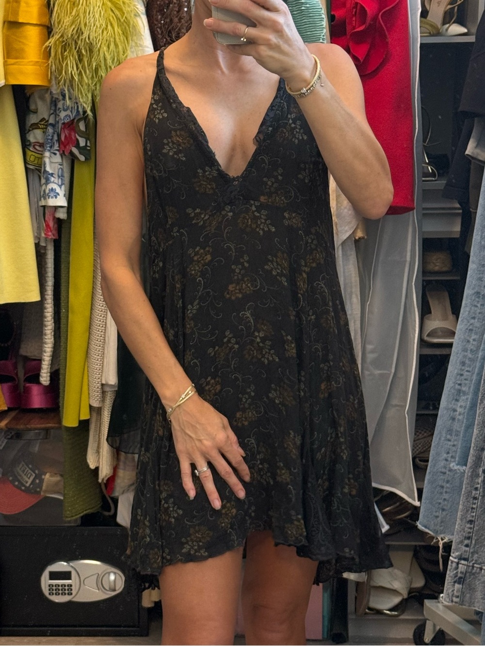 Free People Intimately Black Floral Lace-Trim Mini Dress/Slip